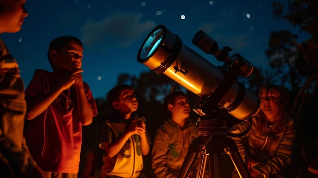 Un gruppo di esploratori si radunò attorno a un telescopio, ognuno a turno sbirciando attraverso l'obiettivo per ottenere una