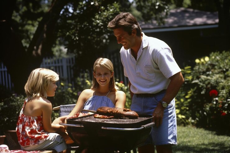Foto un gruppo di famiglia al barbecue e una festa all'aperto sullo sfondo si concentrano sulla griglia del cibo nel parco