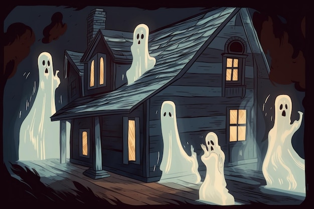 Un gruppo di fantasmi in piedi davanti a una casa Immagine generativa AI