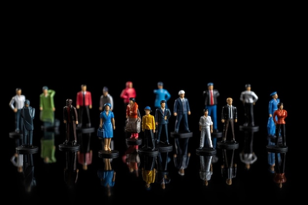 Un gruppo di figurine in miniatura di persone, tra cui una di loro, sono allineate su una superficie nera.