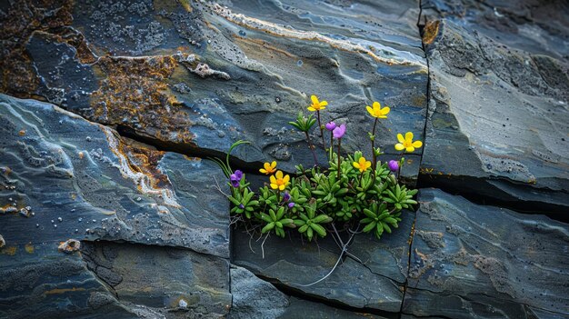 un gruppo di fiori che crescono fuori da una parete rocciosa