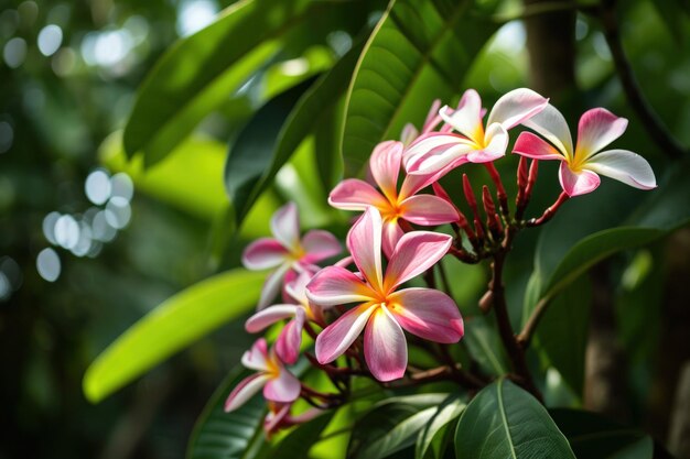 Un gruppo di fiori rosa e bianchi su un albero