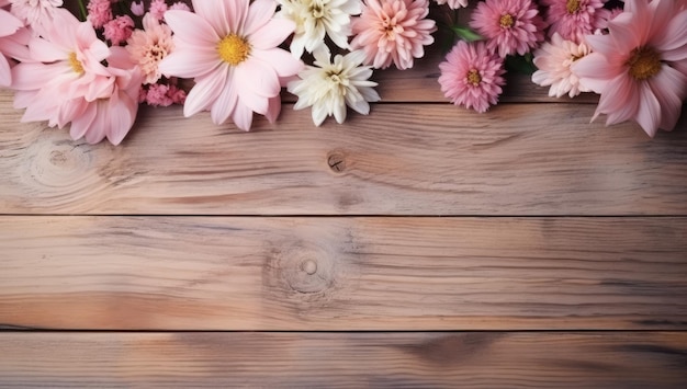 un gruppo di fiori su una superficie di legno