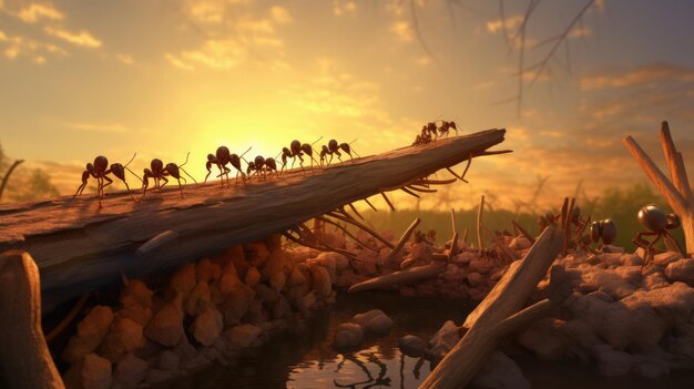Un gruppo di formiche che costruiscono al tramonto lavorano con il tronco