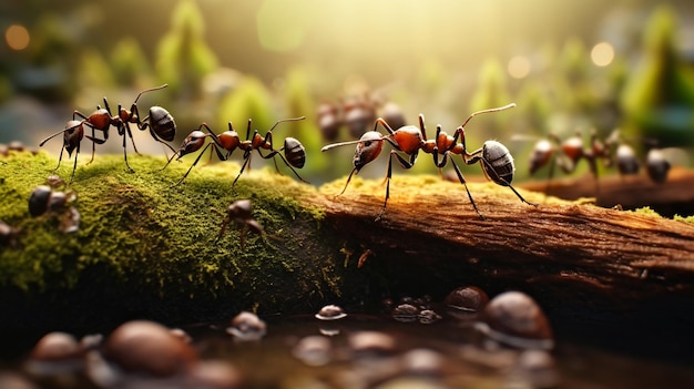 un gruppo di formiche rosse su un tronco