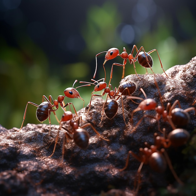 un gruppo di formiche si trova su una foto macro a terra