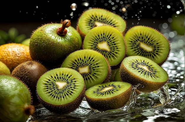 Un gruppo di frutta di kiwi sia intera che tagliata spruzza d'acqua