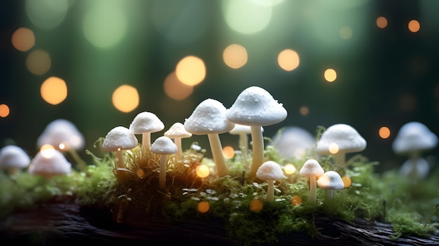 Un gruppo di funghi bianchi magici che brillano