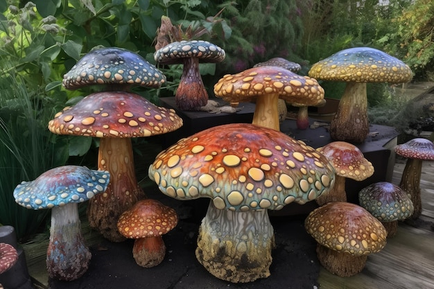 Un gruppo di funghi colorati seduti sopra un tavolo di legno IA generativa