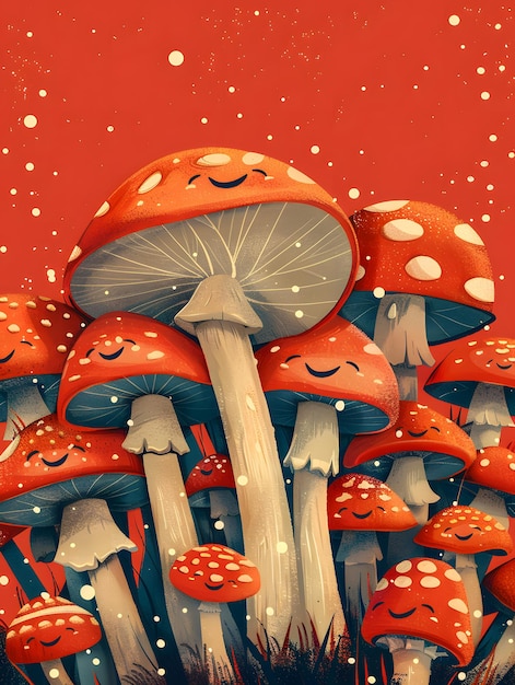 Un gruppo di funghi con le facce su di loro su uno sfondo rosso