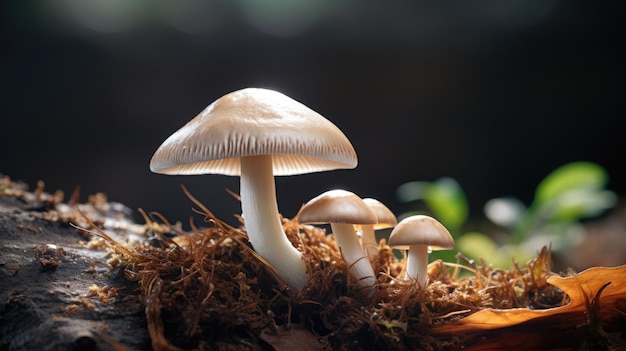 Un gruppo di funghi con un vaso rosso sullo sfondo.