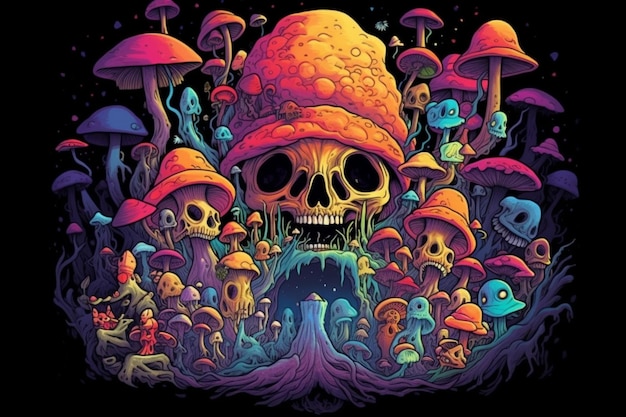 Un gruppo di funghi e un cranio in un cappello di funghi generativo ai