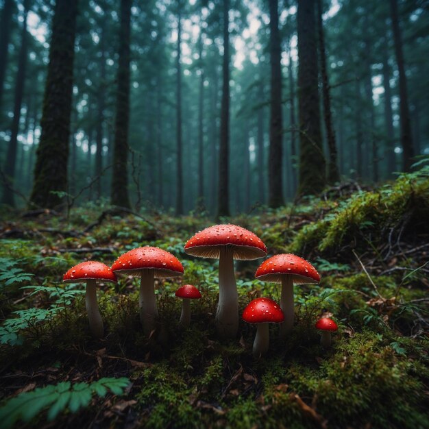 un gruppo di funghi in una foresta con uno sfondo sfocato