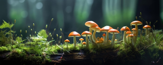 Un gruppo di funghi piccoli funghi freschi che crescono nella foresta pluviale autunnale stagione autunnale raccogliere i funghi