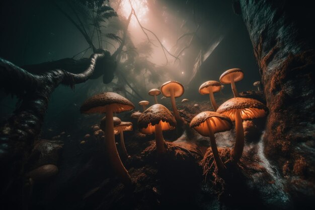 Un gruppo di funghi seduti in cima a un albero generativo ai immagine