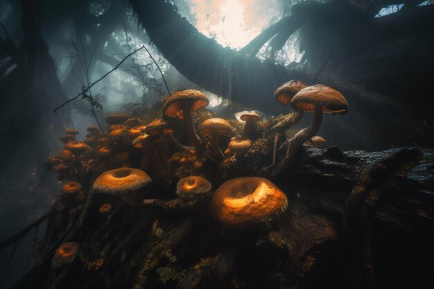 Un gruppo di funghi seduti in cima a un tronco di albero generativa ai immagine