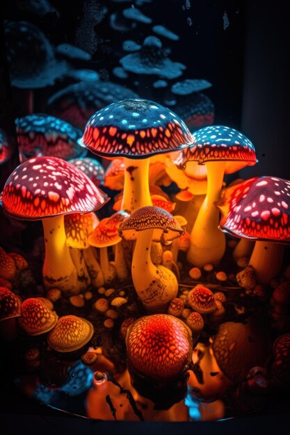Un gruppo di funghi seduto in cima a un'immagine ai generativa del tavolo