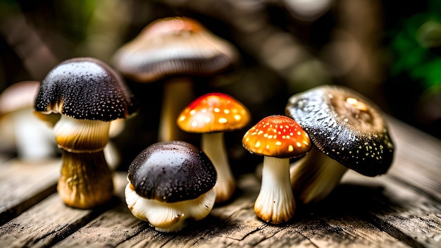 Un gruppo di funghi si trova su una superficie di legno