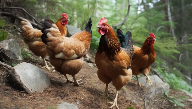 Un gruppo di galline cammina lungo un sentiero.