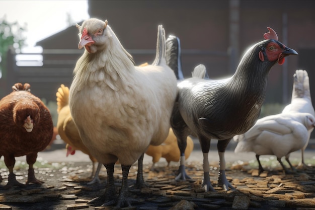 Un gruppo di galline è in piedi in un'aia.