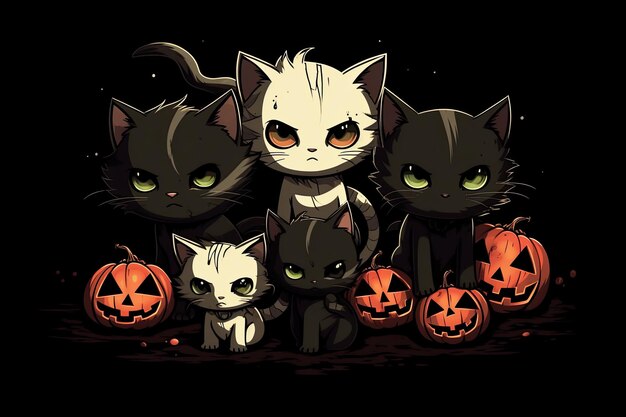 Un gruppo di gatti ad Halloween con uno di loro ha un gatto nero sopra