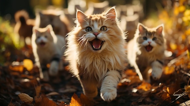 un gruppo di gatti carini che corrono verso le foglie d'autunno che cadono in un giorno di sole nel parco