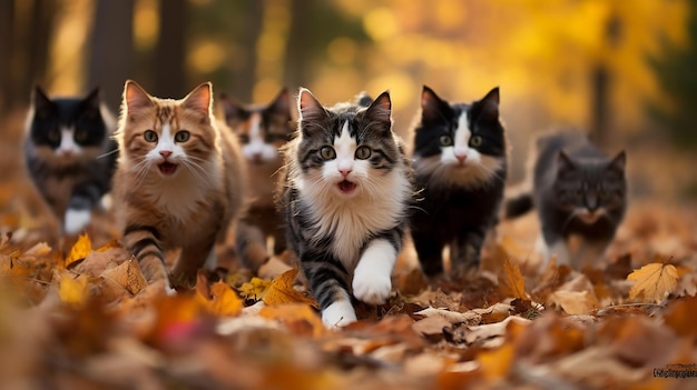 un gruppo di gatti carini che corrono verso le foglie d'autunno che cadono in un giorno di sole nel parco