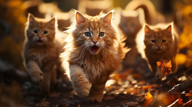 un gruppo di gatti carini che corrono verso le foglie d'autunno che cadono in un giorno di sole nel parco