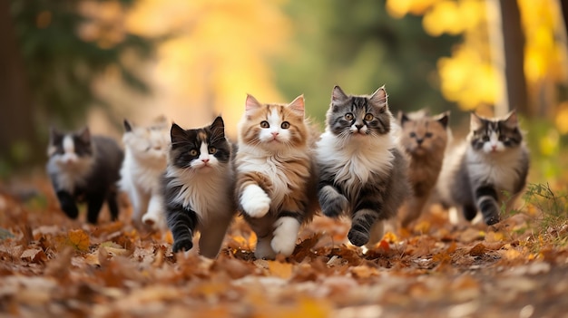 un gruppo di gatti carini che corrono verso le foglie d'autunno che cadono in un giorno di sole nel parco