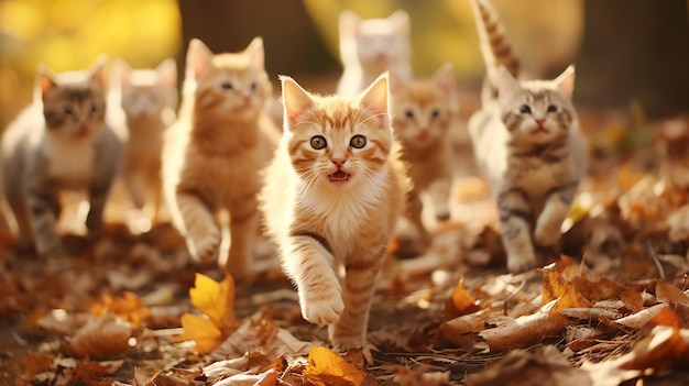 un gruppo di gatti carini che corrono verso le foglie d'autunno che cadono in un giorno di sole nel parco