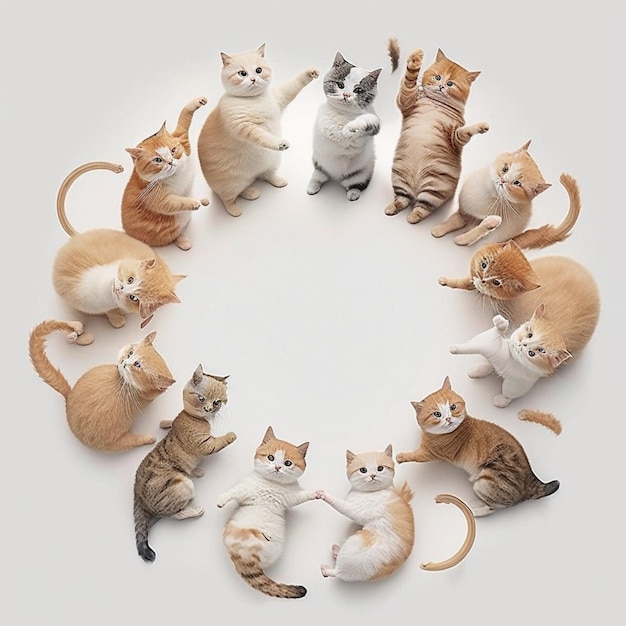 Un gruppo di gatti è disposto in cerchio.