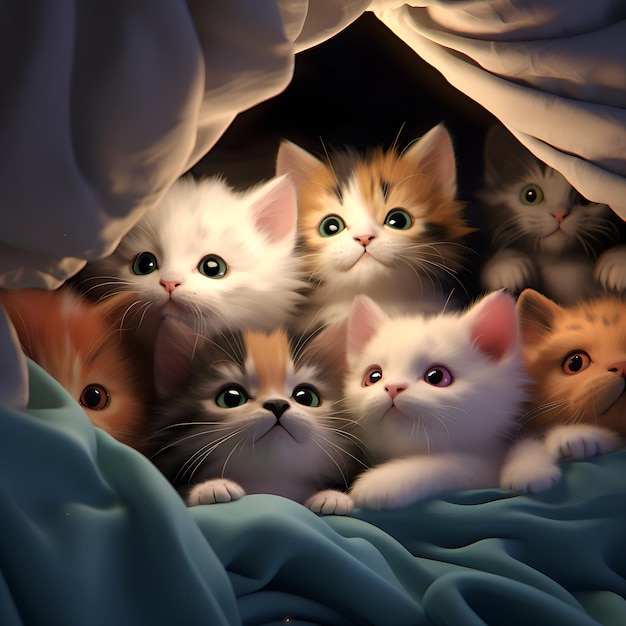 Un gruppo di gattini carini fianco a fianco coccolati insieme in stile cartone animato 3D luoghi amichevoli per animali domestici