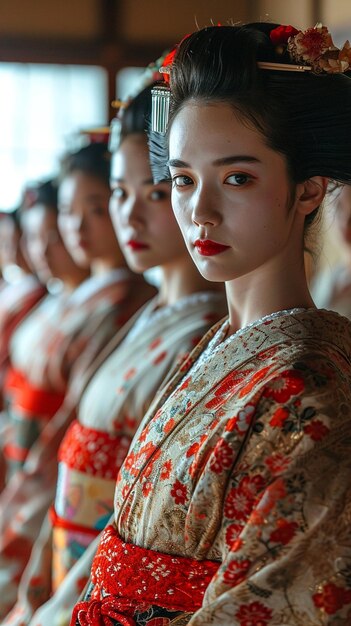 Un gruppo di geisha che posano per il loro padrone