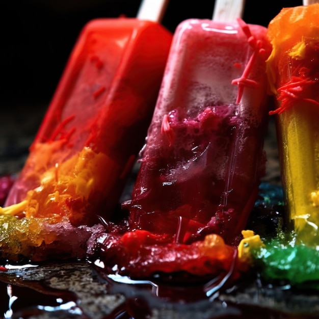 Un gruppo di gelati colorati è allineato su un tavolo.