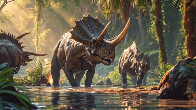 Un gruppo di gentili triceratopi si riunisce vicino a un pozzo d'acqua incontaminato facendo a turno per spegnere il loro