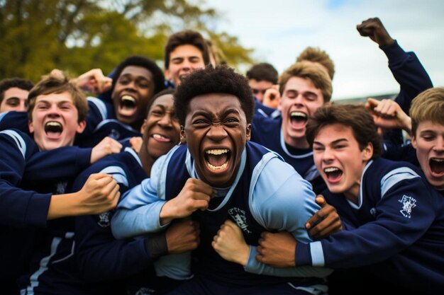 Un gruppo di giocatori di rugby festeggia a braccia alzate.