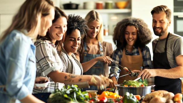 Un gruppo di giovani adulti diversi e attraenti stanno cucinando insieme in una cucina moderna