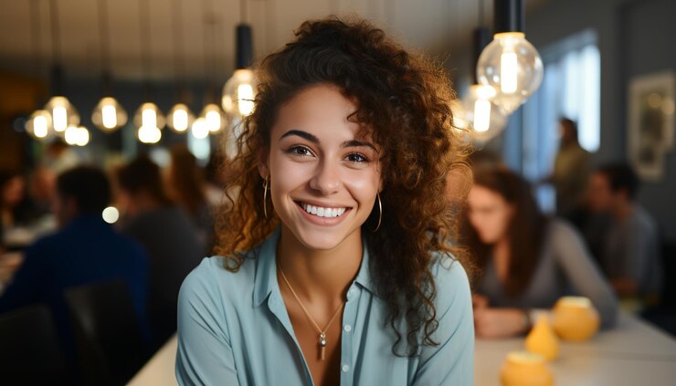 Un gruppo di giovani adulti sorridenti che godono del successo sul lavoro generato dall'intelligenza artificiale