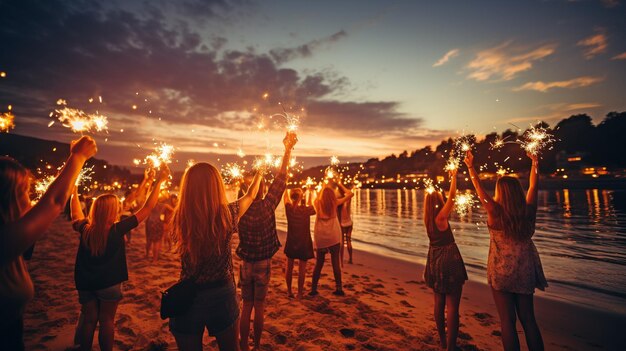 Un gruppo di giovani amici che si godono una festa sulla spiaggia Al tramonto, gli amici ballano e festeggiano con le stelle filanti