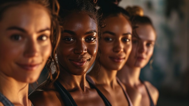 Un gruppo di giovani atlete posano in uno studio indossando abiti da fitness e mostrando la loro passione per l'esercizio fisico e uno stile di vita sano