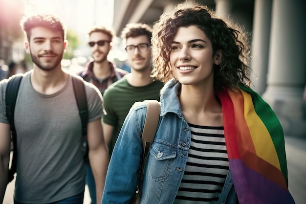 Un gruppo di giovani celebra il giorno dell'orgoglio gay portando bandiere AI generative