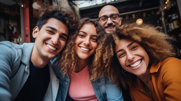 un gruppo di giovani che si fanno un selfie per strada