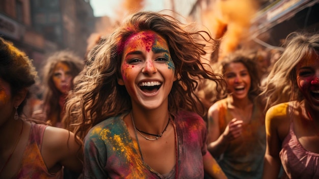 Un gruppo di giovani donne che saltano in aria per celebrare la festa di Holi