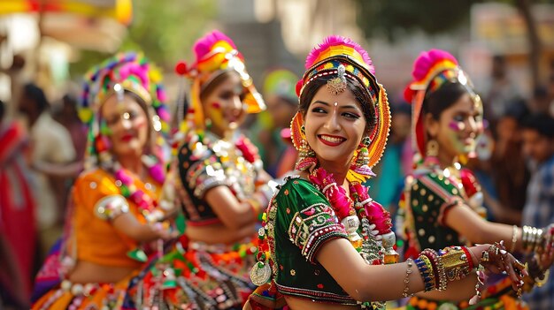 Un gruppo di giovani donne in abiti tradizionali indiani stanno ballando e festeggiando