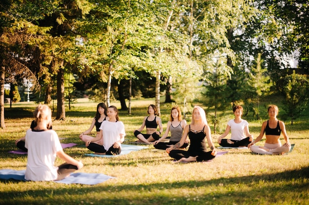 Un gruppo di giovani donne sta meditando nel parco la mattina di sole estivo sotto la guida dell'istruttore. Un gruppo di ragazze all'aperto è seduto nella posa del loto su stuoie di yoga sull'erba verde con gli occhi chiusi