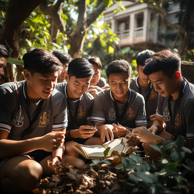 Un gruppo di giovani è seduto sotto un albero e legge un libro.