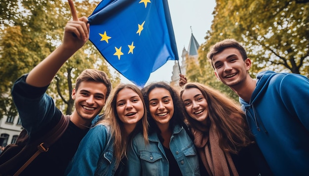 un gruppo di giovani fa un selfie sullo sfondo la bandiera dell'Unione europea sta sventolando