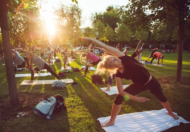 Un gruppo di giovani fa yoga nel parco al tramonto.