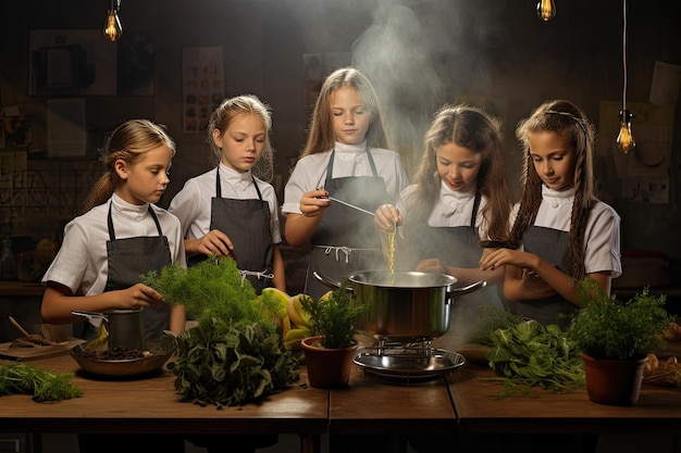 Un gruppo di giovani ragazze che cucinano in una cucina
