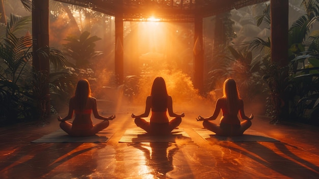 Un gruppo di giovani ragazze che praticano yoga alla luce del sole eseguono esercizi Padmasana posizione del loto